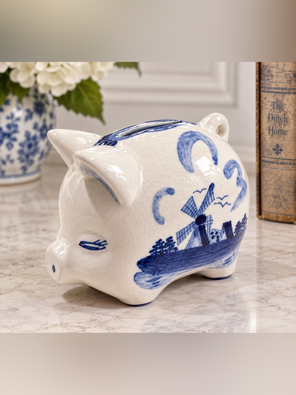 Vintage Delft Blue and White Ceramic Piggy Bank